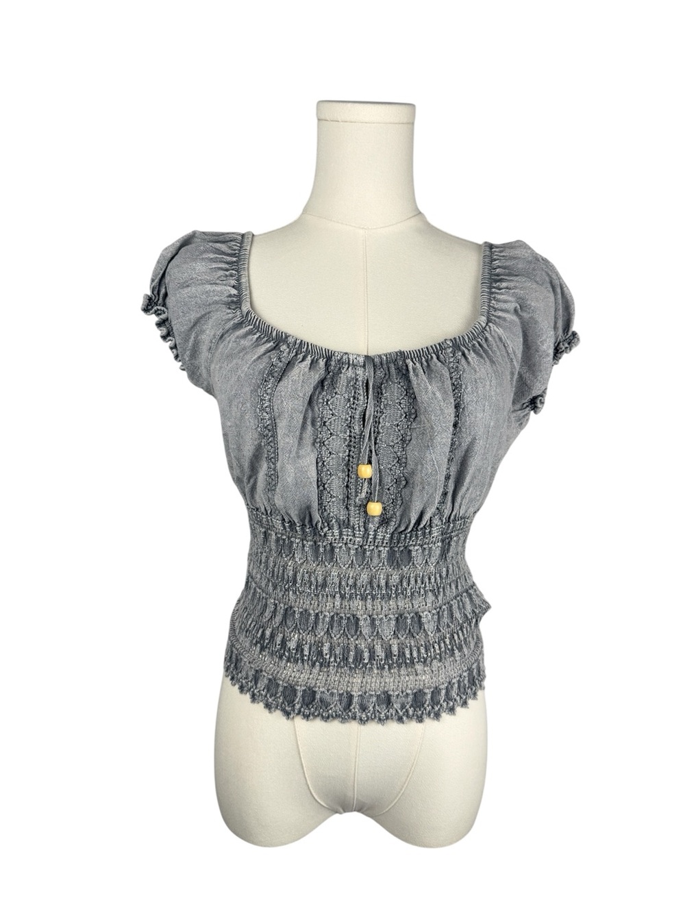 Blanco By Nature Azure Blue Smocked Puff-Sleeve Crop Top Size Small